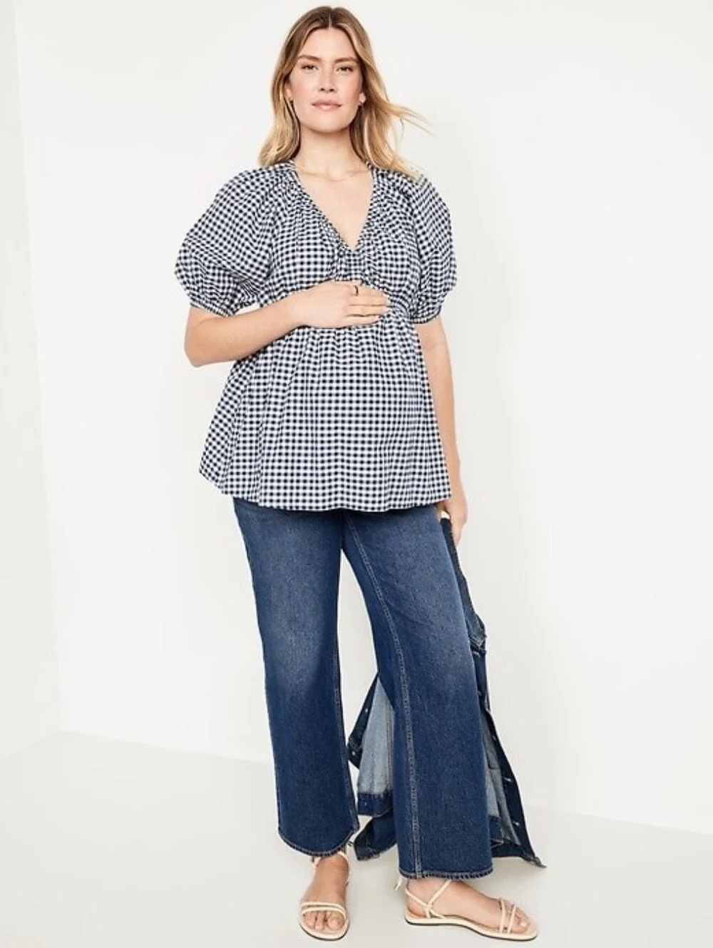 Old Navy Maternity Peplum Top Gingham Shirt Puff Sleeve Wmn's Size M 100% Cotton